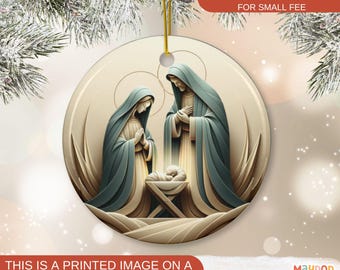 May include: A round ceramic ornament featuring a depiction of the Nativity scene. Mary, Joseph, and the baby Jesus are depicted in a manger with a halo above Jesus' head. The background is a soft beige with a light blue sky.