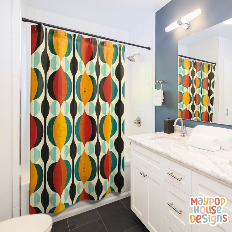 Retro Mid Century Modern Shower Curtain, Colorful Bathroom Decor ...