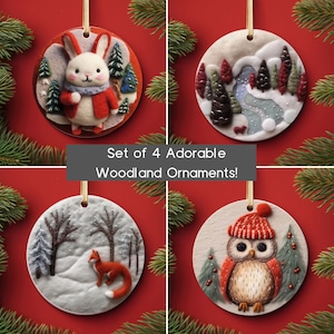 Set of 4 Faux Felt Woodland Animals Christmas Ornaments, Unique Christmas Ornaments, Fox Ornament, Owl Ornament, Bunny Ornament