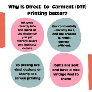 K&ouml;nnte beinhalten: Eine Grafik mit dem Text "Why is Direct-to-Garment (DTF) Printing better?" und vier Kreisen mit Text, der die Vorteile des DTF-Drucks beschreibt. Die Kreise sind in Rosa und Hellblau.
