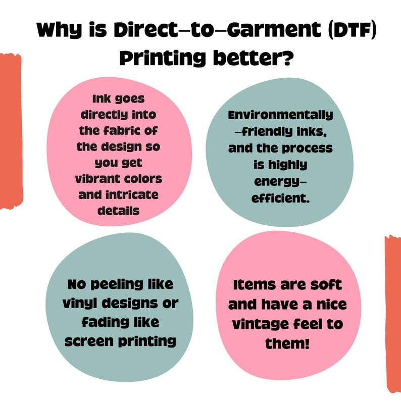 K&ouml;nnte beinhalten: Eine Grafik mit dem Text "Why is Direct-to-Garment (DTF) Printing better?" und vier Kreisen mit Text, der die Vorteile des DTF-Drucks beschreibt. Die Kreise sind in Rosa und Hellblau.