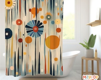 Retro Mid Century Modern Shower Curtain, Orange Teal Beige Bathroom Decor, Atomic Era Bathroom Curtain, Minimalist Mid-Century Bath