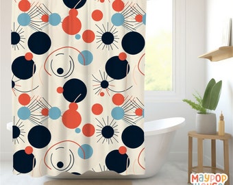 Retro Mid Century Modern Shower Curtain, Teal Beige Orange Navy Bathroom Decor, Atomic Era Bathroom Curtain, Minimalist Mid-Century Bath