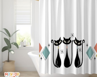 Atomic Cat Bathroom Shower Curtain, Mid Century Modern Decor, Atomic Kitty, Retro Kitschy Design, MCM Design