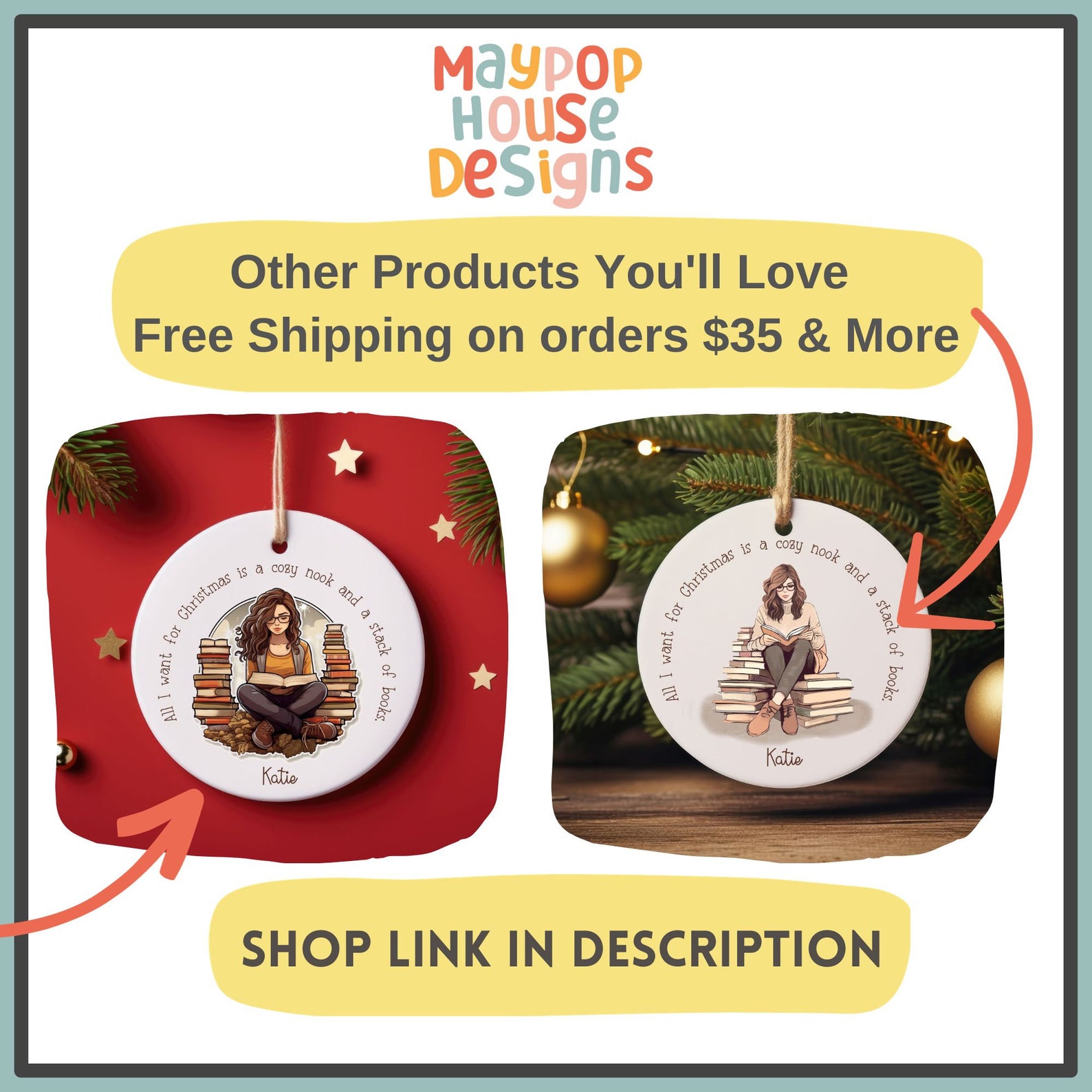 Personalized Book Christmas Ornament, Book Lovers Gift, Librarian