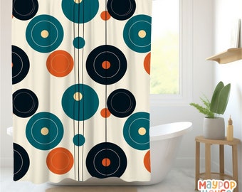 Retro Mid Century Modern Shower Curtain, Teal Beige Orange Navy Bathroom Decor, Atomic Era Bathroom Curtain, Minimalist Mid-Century Bath