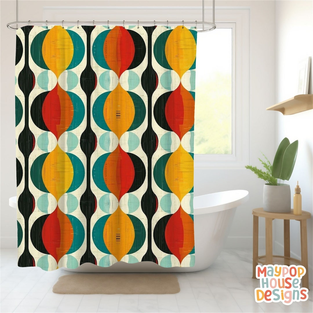 Retro Mid Century Modern Shower Curtain, Colorful Bathroom Decor