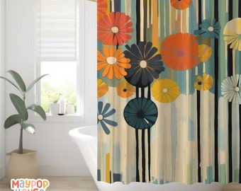 Retro Mid Century Modern Shower Curtain, Orange Teal Beige Bathroom Decor, Atomic Era Bathroom Curtain, Minimalist Mid-Century Bath