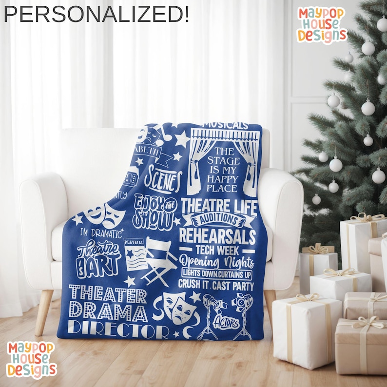 velveteen plush blanket for theater kid drama teacher actor that has a collage of different theater related words clipart and phrases and personalized with name