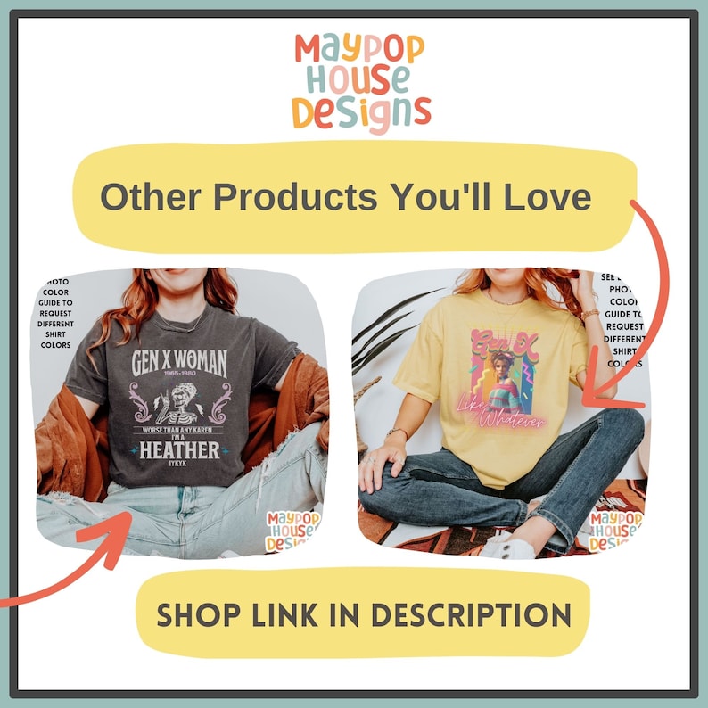 May include: Two t-shirts with graphic designs. The first t-shirt is black with the text "Gen X Woman" and "Worse than any Karen is a Heather Tate". The second t-shirt is yellow with the text "Gen X" and "Sky Masters".