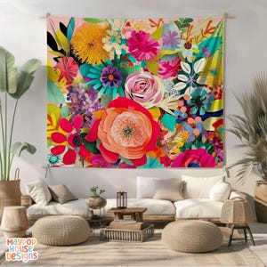 Maximalist Flower Wall Tapestry, Dopamine Trendy Girly Decor, Dopamine-Inducing Room Decor, Vibrant Dorm Room Art, Colorful Eclectic 1