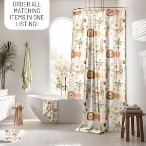 May include: A white shower curtain with a repeating pattern of giraffes, lions, palm trees, and suns. The curtain is hanging in a bathroom with a white bathtub and a wooden stool.