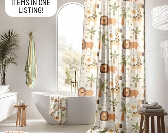 Jungle Theme Kids Bathroom Shower Curtain Bath Mat Towel Set, Jungle Animals Cute Shower Curtain for Kids Bathroom, Children's Bathroom Set