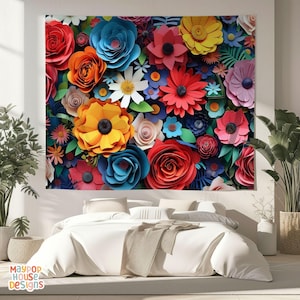 Large Maximalist Flower Wall Tapestry, Dopamine Trendy Girly Decor, Dopamine-Inducing Room Decor, Vibrant Dorm Room Art, Colorful Eclectic