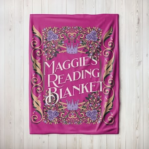 personalized velveteen plush blanket for someone who loves books and reading designed to look like a blue vintage book cover