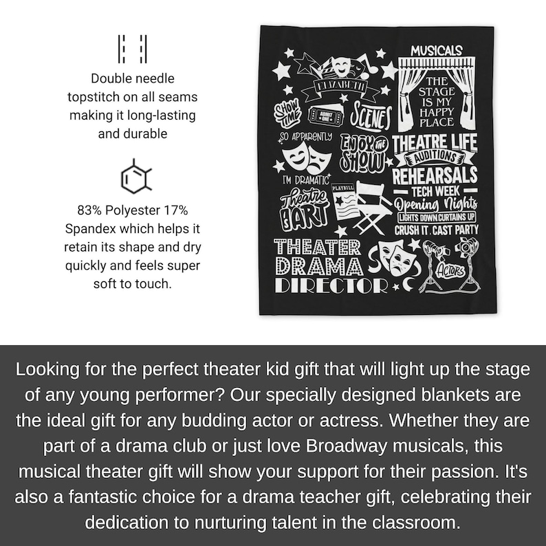 May include: Black and white theater themed blanket with text that reads "The Stage is My Happy Place", "Theater Life Auditions Rehearsals", "Theater Drama Director", and more.