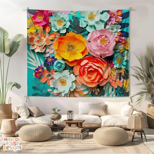 Maximalist Flower Wall Tapestry, Dopamine Trendy Girly Decor, Dopamine-Inducing Room Decor, Vibrant Dorm Room Art, Colorful Eclectic 9