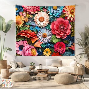 Large Maximalist Flower Wall Tapestry, Dopamine Trendy Girly Decor, Dopamine-Inducing Room Decor, Vibrant Dorm Room Art, Colorful Eclectic