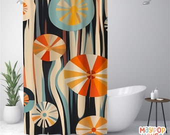 Retro Mid Century Modern Shower Curtain, Orange Teal Beige Bathroom Decor, Atomic Era Bathroom Curtain, Minimalist Mid-Century Bath