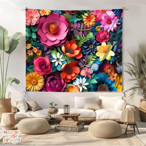 Large Maximalist Flower Wall Tapestry, Dopamine Trendy Girly Decor, Dopamine-Inducing Room Decor, Vibrant Dorm Room Art, Colorful Eclectic