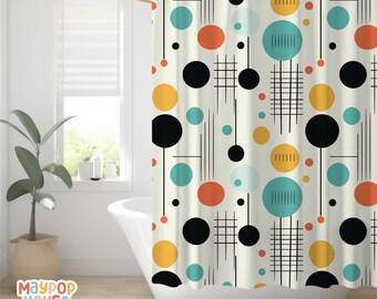 Retro Mid Century Modern Shower Curtain, Teal Beige Orange Navy Bathroom Decor, Atomic Era Bathroom Curtain, Minimalist Mid-Century Bath