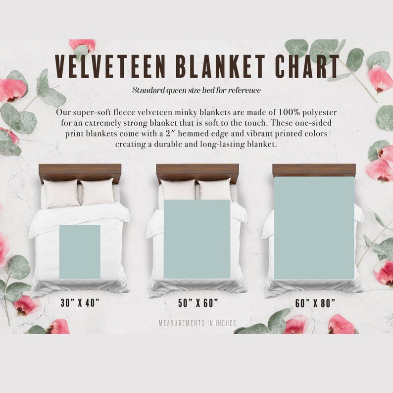 May include: A chart showing three different sizes of velveteen blankets. The blankets are shown on a queen-sized bed for reference. The sizes are 30 inches by 40 inches, 50 inches by 60 inches, and 60 inches by 80 inches. The text on the chart says "Velveteen Blanket Chart" and "Standard queen size bed for reference".