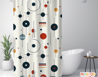 Retro Mid Century Modern Shower Curtain, Teal Beige Red Navy Bathroom Decor, Atomic Era Bathroom Curtain, Minimalist Mid-Century Bath