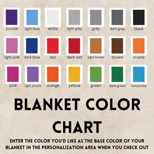 May include: A color chart for blankets with 18 different color swatches. The colors include purple, light blue, white, light grey, grey, dark grey, black, light pink, dark blue, red, dark red, light brown, brown, crusta, pink, light purple, orange, yellow, green, dark green, and turquoise. The text "BLANKET COLOR CHART" is at the top of the chart. The text "ENTER THE COLOR YOU'D LIKE AS THE BASE COLOR OF YOUR BLANKET IN THE PERSONALIZATION AREA WHEN YOU CHECK OUT" is at the bottom of the chart.