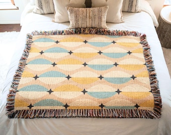 Retro Mid Century Modern Blanket, Abstract Geometric Design Couch Throw, Woven Tapestry Style Blanket Perfect for Home Decor Housewarming