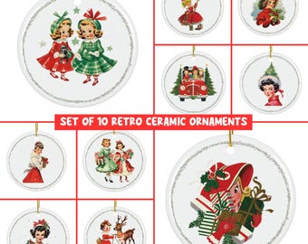 Set of 10 Retro Christmas Ornaments, Vintage 1950s Design Tree Decorations, Mid Century Modern Ornament Set, Atomic Era Decorations