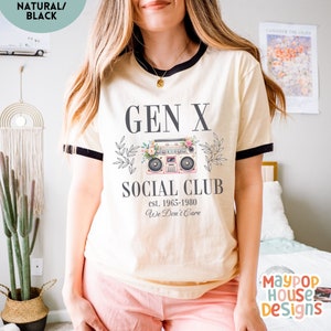 next level ribbed shirt for gen x woman that says gen x social club est. 1965-1980 we dont care with a cute pink boom box