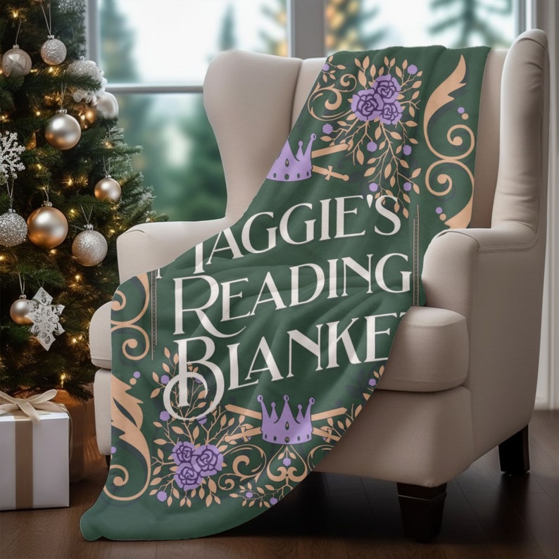 personalized velveteen plush blanket for someone who loves books and reading designed to look like a blue vintage book cover