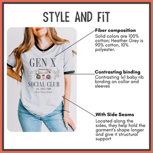 next level ribbed shirt for gen x woman that says gen x social club est. 1965-1980 we dont care with a cute pink boom box