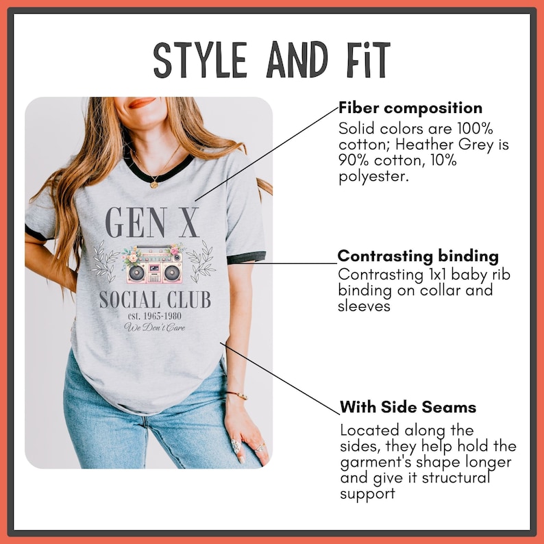 next level ribbed shirt for gen x woman that says gen x social club est. 1965-1980 we dont care with a cute pink boom box