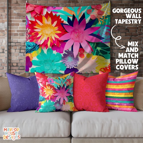 Mix and Match Maximalist Flower Wall Tapestry and Pillow Cover Set Dopamine Room Decor Vibrant Room Art Colorful Eclectic Pillow Set 4 Etsy
