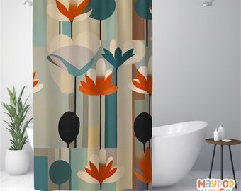 Retro Mid Century Modern Shower Curtain, Orange Teal Beige Bathroom Decor, Atomic Era Bathroom Curtain, Minimalist Mid-Century Bath