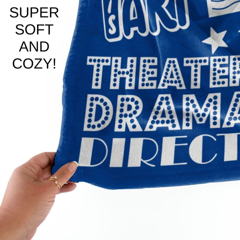 velveteen plush blanket for theater kid drama teacher actor that has a collage of different theater related words clipart and phrases and personalized with name