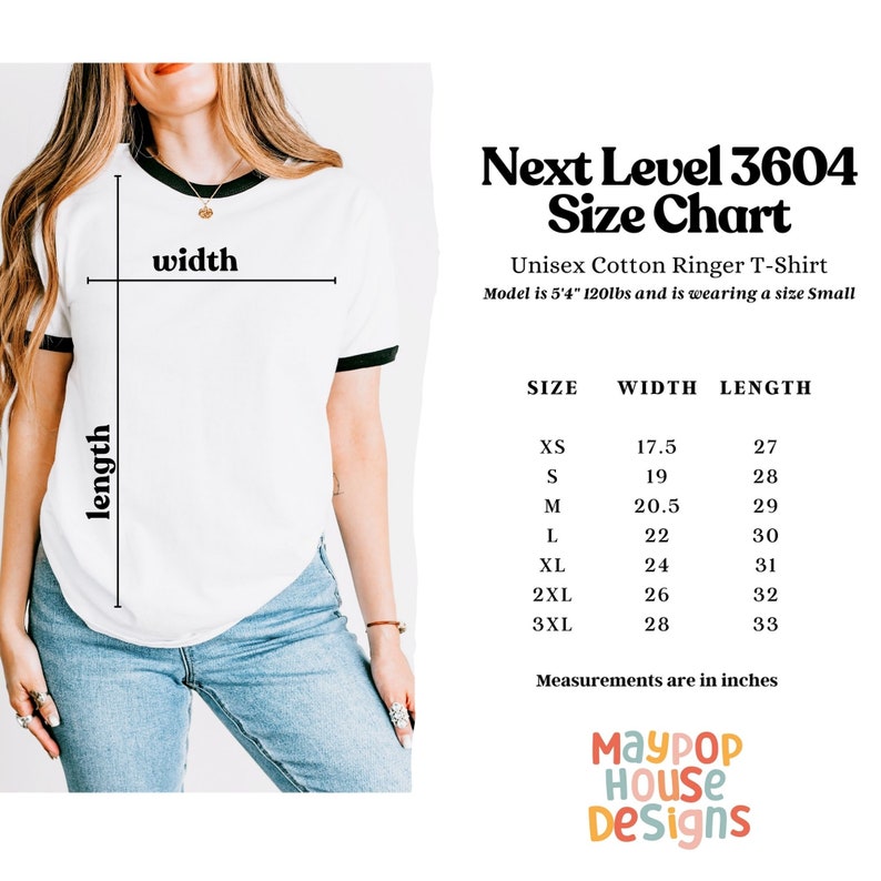 May include: Size chart for a unisex cotton ringer t-shirt. The chart shows the width and length measurements in inches for sizes XS to 3XL. The model is wearing a size small.