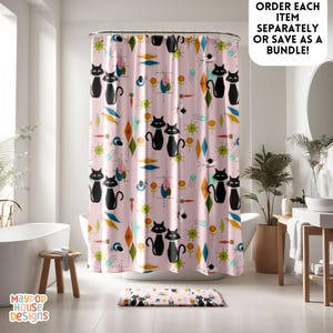 May include: A pink shower curtain with a retro mid-century modern design featuring black cats, geometric shapes, and colorful accents. The text "ORDER EACH ITEM SEPARATELY OR SAVE AS A BUNDLE!" is displayed in the top right corner of the image.