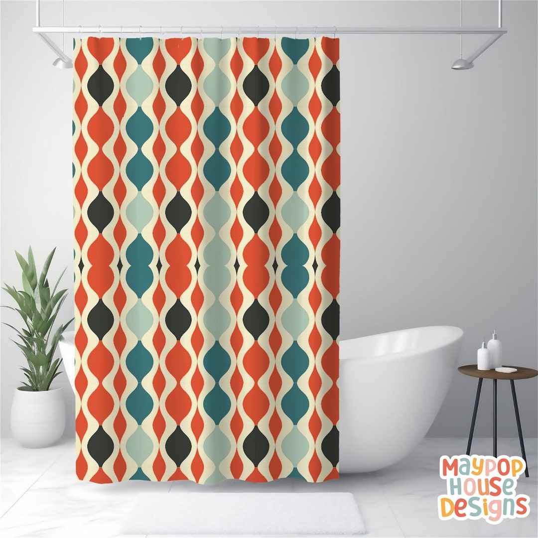Retro Mid Century Modern Shower Curtain, Colorful Bathroom Decor