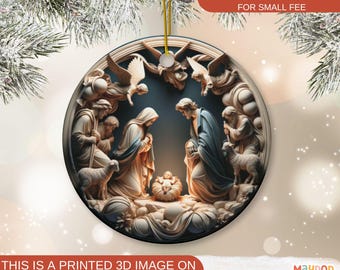 May include: A round ceramic ornament with a 3D printed image of the Nativity scene. The image features Mary, Joseph, baby Jesus, and angels. The ornament is white with a gold trim.