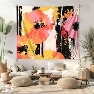Large Maximalist Flower Wall Tapestry, Dopamine Trendy Girly Decor, Dopamine-Inducing Room Decor, Vibrant Dorm Room Art, Colorful Eclectic