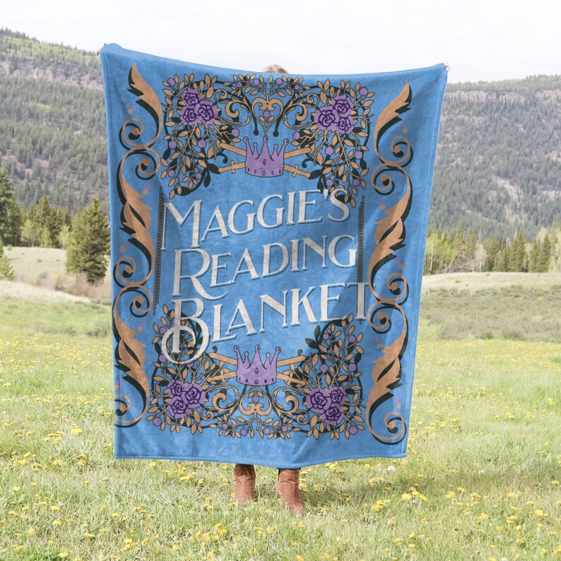 personalized velveteen plush blanket for someone who loves books and reading designed to look like a blue vintage book cover