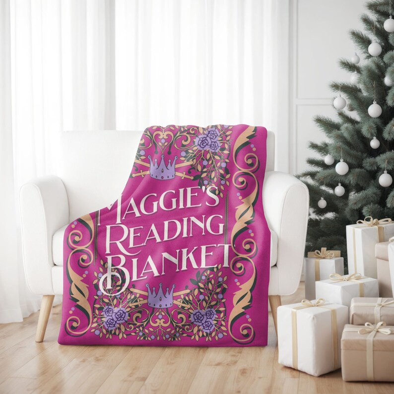 personalized velveteen plush blanket for someone who loves books and reading designed to look like a blue vintage book cover