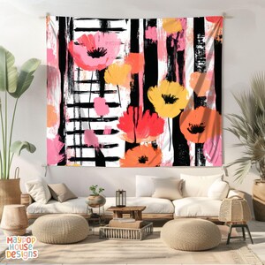 Large Maximalist Flower Wall Tapestry, Dopamine Trendy Girly Decor, Dopamine-Inducing Room Decor, Vibrant Dorm Room Art, Colorful Eclectic