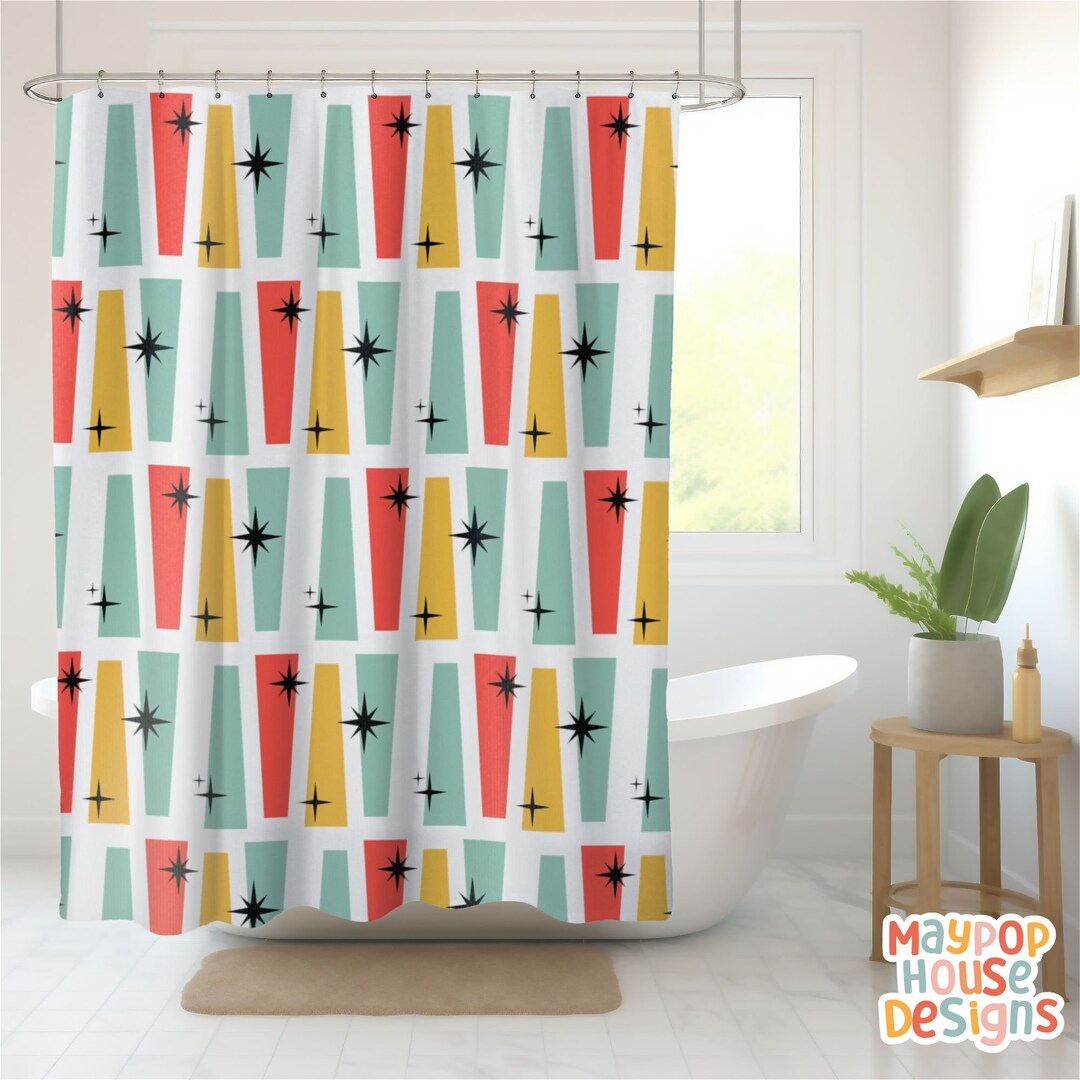 Retro Mid Century Modern Shower Curtain, Colorful Bathroom Decor