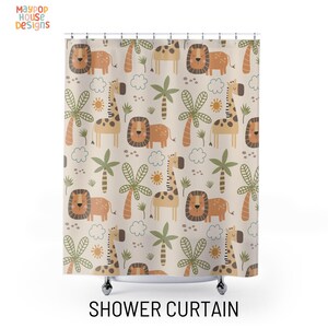 May include: A shower curtain with a cream background and a repeating pattern of giraffes, lions, and palm trees in shades of orange, brown, and green.