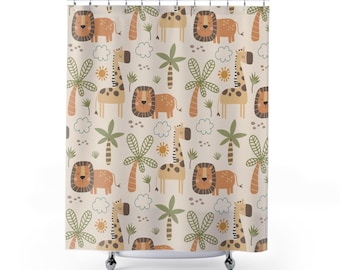 Jungle Theme Kids Bathroom Shower Curtain Bath Mat Towel Set, Jungle Animals Cute Shower Curtain for Kids Bathroom, Children's Bathroom Set