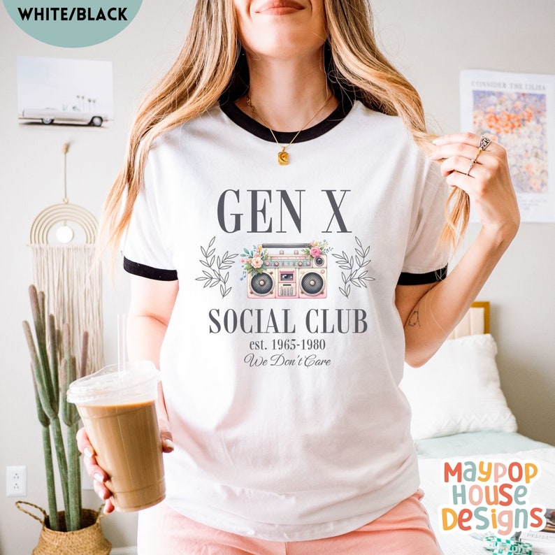 next level ribbed shirt for gen x woman that says gen x social club est. 1965-1980 we dont care with a cute pink boom box