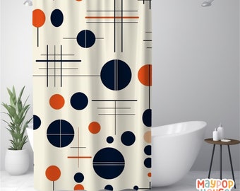 Retro Mid Century Modern Shower Curtain, Orange Navy Beige Bathroom Decor, Atomic Era Bathroom Curtain, Minimalist Mid-Century Bath